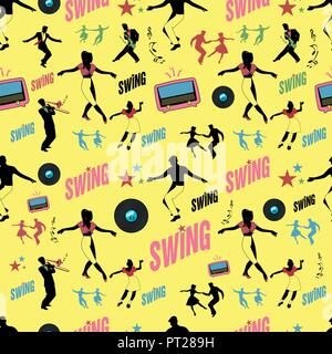 Swing dance pattern. Dancers and musicians. Retro style. Seamless. Stock Vector