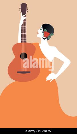 Spanish woman with guitar. Symbolic image of Spain. Vector Illustration. Stock Vector