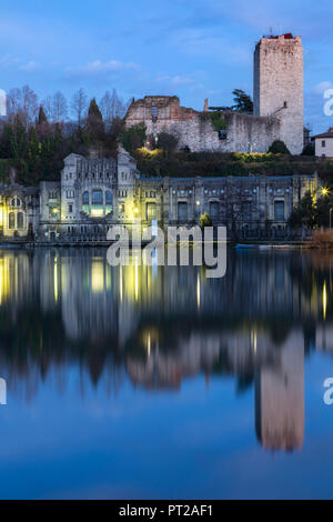 View of the Castello Visconteo and Centrale Idroelettrica Taccani on the shores of river Adda, Trezzo sull'Adda, Milan, Lombardy, Italy, Stock Photo