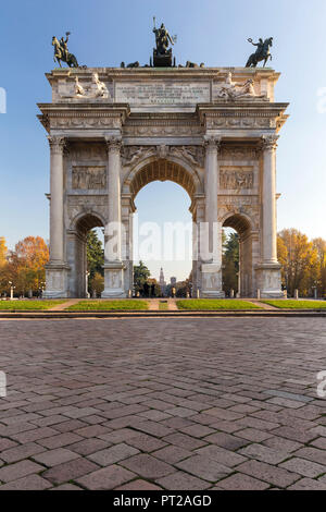 View of the Arco della Pace monument in Piazza Sempione, Milan, Lombardy, Italy, Stock Photo