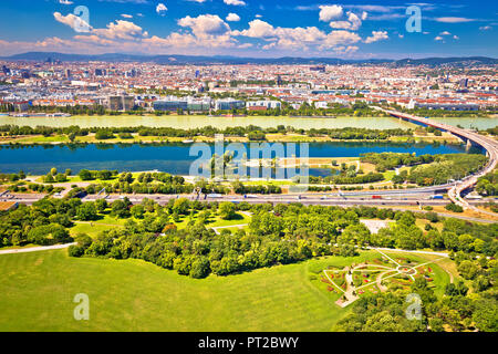 Danube river and Vienna cityscape view, capital of Austria Stock Photo