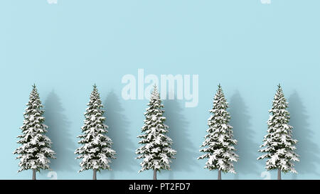 3D rendering, Row of snow covered fir trees blue on background Stock Photo