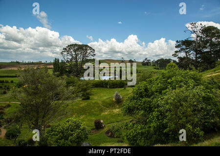 New Zealand, Matamata, Hobbiton Movie Set, Landscape, Stock Photo