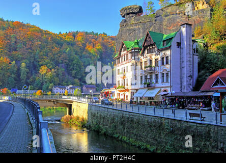 Village view with mouth of the Kamnitz in the Elbe, Hrensko, (Herrskretschen), Elbe Sandstone Mountains, Bohemian Switzerland, Northern Bohemia, Czech Republic Stock Photo