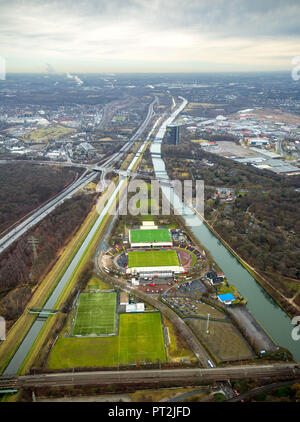 Stadium Niederrhein with new grandstand building and SSB site, between Emscher and Rhein-Herne Canal, Oberhausen, Ruhr Area, North Rhine-Westphalia, Germany Stock Photo