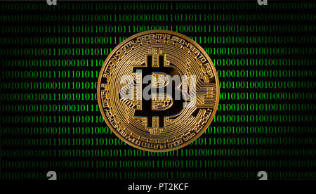 Symbolic image of digital currency, golden physical coin Bitcoin in front of digital binary code Stock Photo