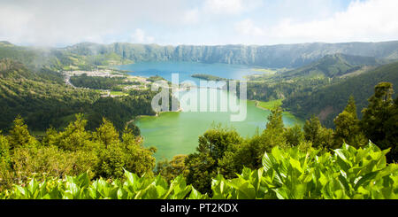 Volcanic crater with twin lakes Sete Cidades, view from Miradouro Vista do Rei Stock Photo