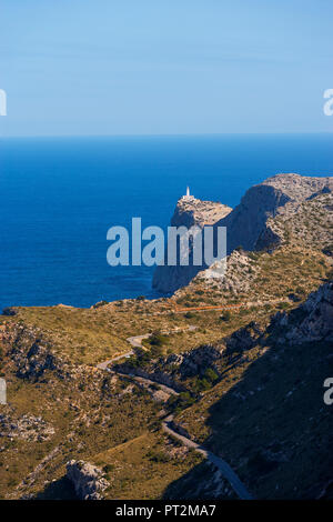 Spain, Balearic Islands, Mallorca, Pollenca, Formentor Peninsula, Cap de Formentower, lighthouse, mountain road, hiking trail to Cala Murta, view to Cap Formentor Stock Photo