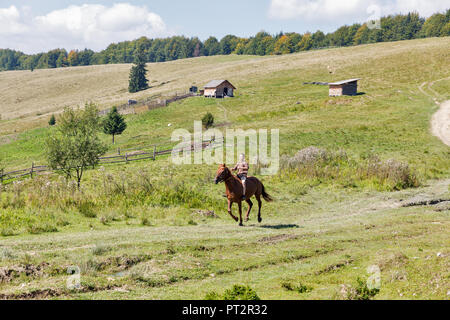 MIKULICZYN, UKRAINE - SEPTEMBER 14, 2018: Young rider horseman gallop across the Starishora mountain valley, Carpathian Mountains. Stock Photo