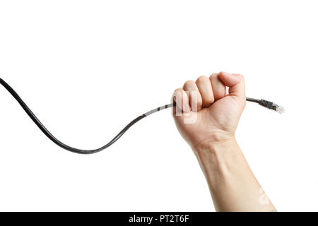 hand holding Black network cable , control concept Stock Photo