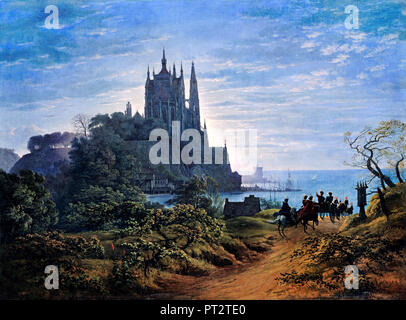 Karl Friedrich Schinkel, Gothic Church on a Rock by the Sea 1815 Oil on canvas, Alte Nationalgalerie, Berlin, Germany. Stock Photo