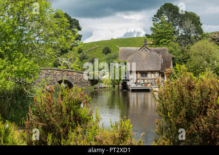 New Zealand, Hobbiton Movie Set, Landscape, Bridge, House, Stock Photo