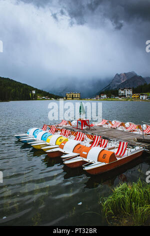 Italy, South Tyrol, Lake Misurina, boat hire Stock Photo