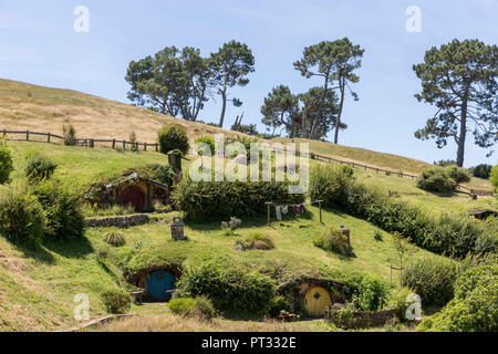 Hobbit houses on the hill, Hobbiton Movie Set, Matamata, Waikato region, North Island, New Zealand,