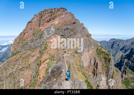 People on the trail from Pico Ruivo to Pico do Areeiro, Funchal, Madeira region, Portugal, Stock Photo