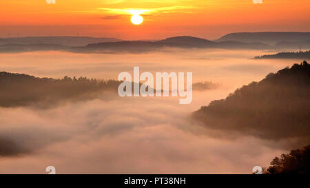 Morning fog at the big Saar loop, Mettlach-Orscholz, Saarland, Germany Stock Photo