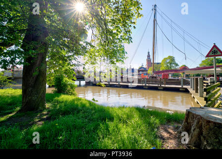 Idyll, Commercial Port, Nesse, Green space, Town Hall Tower, Leer, East Frisia, Lower Saxony, Germany, Europe Stock Photo