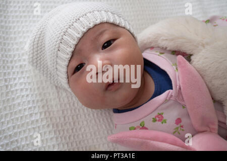 4 weeks old newborn baby in pink laying down with stuffed animal toys Stock Photo