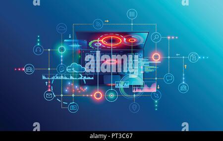 Programming or Software development abstract concept. Top view at screen laptop with business icons, programming language or fragments coding. Technology banner of Software developer company Stock Vector