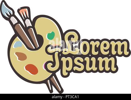 Wooden palette and brushes logo design concept template Stock Vector