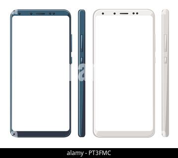 Two smart phones with blank screen. Phone without buttons. Dark blue and white case. Flat vector illustration isolated on white background. Stock Vector
