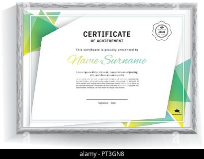 Official white certificate with green triangle design elements with realistic grey border. Business clean modern design Stock Vector