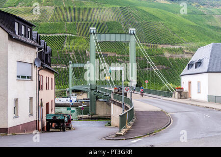 Suspension bridge and Wehlener Sonnenuhr vineyard beyond, Mosel valley, Rheinland-Pfalz, Germany, only suspension bridge on the Mosel river, 1949 Stock Photo