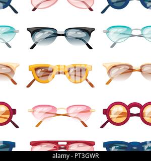 Seamless pattern. Set of colorful glasses. Collection of ten cartoon glasses with transparent colored glass. Polarized glasses. Flat vector illustrati Stock Vector