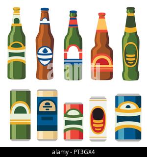 Collection of beer cans and bottles. Template flat icon. Alcoholic drink. Illustration isolated on white background. Stock Vector