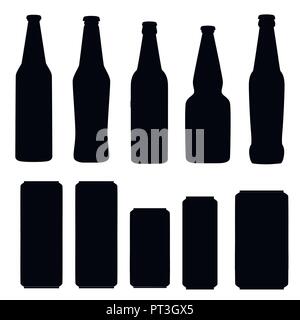 Black silhouette. Collection of beer cans and bottles. Template flat icon. Alcoholic drink. Illustration isolated on white background. Stock Vector