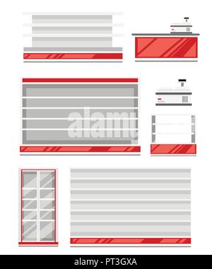 Set of supermarket shelves. Red and white color. Shelf, fridge and Cash register. Flat vector illustration isolated on white background. Stock Vector