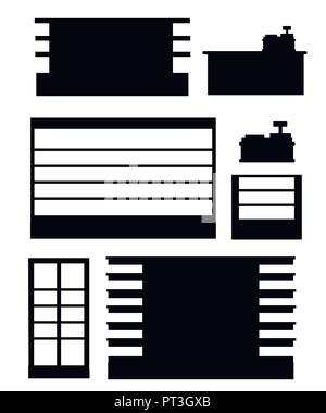 Black silhouette. Set of supermarket shelves. Shelf, fridge and Cash register. Flat vector illustration isolated on white background. Stock Vector