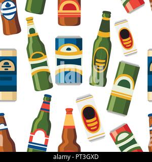 Seamless pattern. Collection of beer cans and bottles. Template flat icon. Alcoholic drink. Illustration on white background. Stock Vector