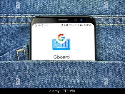 MONTREAL, CANADA - OCTOBER 4, 2018: Google Gboard app on s8 screen. Gboard is the Google Keyboard. Google is an American technology company which prov Stock Photo