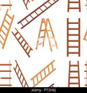 Seamless pattern. Collection of wooden ladders. Different types of stepladders. Flat vector illustration on white background. Stock Vector