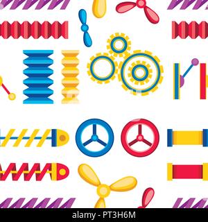 Seamless pattern. Collection of colorful gear wheels, metal springs and mechanism icons set. Flat vector illustration on white background. Stock Vector