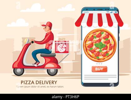 Smiling pizza delivery courier and smartphone with app. Food courier on red retro scooter with trunk case box. . Cartoon character design. Flat vector Stock Vector