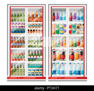 Refrigerator for drinks. Fridge full of bottles of water. Different colored bottles in drinks fridges. Flat vector illustration isolated on white back Stock Vector