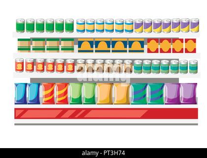 Supermarket shelves with products. Paper and metal containers with food. Flat vector illustration isolated on white background. Stock Vector