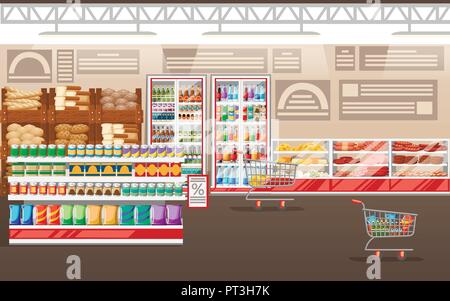 Supermarket illustration. Store interior with goods. Big shopping mall. Shelves, fridge, and carts. Fridge with cheese and meat. Vector illustration. Stock Vector