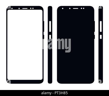 Black silhouette. Two smart phones with blank screen. Phone without buttons. Flat vector illustration isolated on white background. Stock Vector