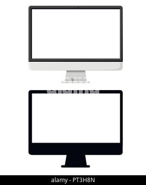 Flat monoblock illustration and black silhouette. AiO PC. LCD display. Vector illustration isolated on white background. Stock Vector