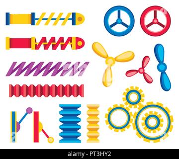 Collection of colorful gear wheels, metal springs and mechanism icons set. Flat vector illustration isolated on white background. Stock Vector