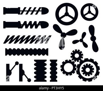 Black silhouette. Collection of gear wheels, metal springs and mechanism icons set. Flat vector illustration isolated on white background. Stock Vector