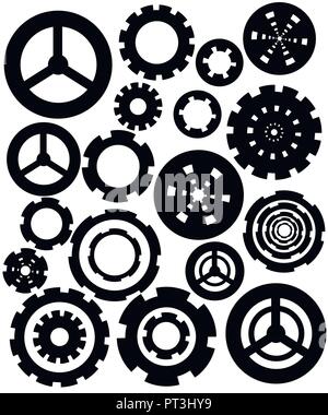 Black silhouette. Collection of gear wheels icons set. Flat vector illustration isolated on white background. Stock Vector