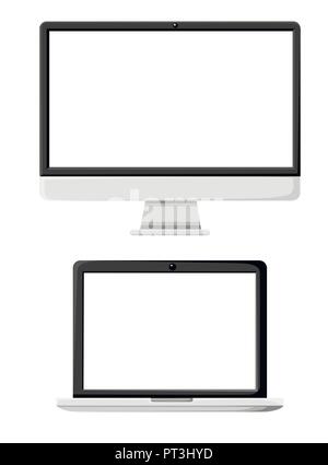Flat monoblock illustration and laptop. AiO PC. LCD display. Vector illustration isolated on white background. Stock Vector