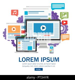 Website development concept. Laptop, monoblock, smartphone compatibility. Flat design style. Vector illustration on white background with gears. Websi Stock Vector
