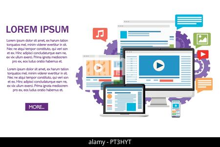 Website development concept. Laptop, monoblock, smartphone compatibility. Flat design style. Vector illustration on white background with gears. Websi Stock Vector