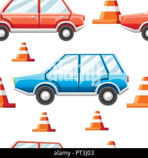 Seamless pattern. Road cones, blue and red car. Flat vector illustration on white background. Stock Vector