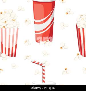 Seamless pattern. Popcorn in red and white cardboard box with cola in red paper cup. Flat vector illustration on white background. Colored icon for ci Stock Vector